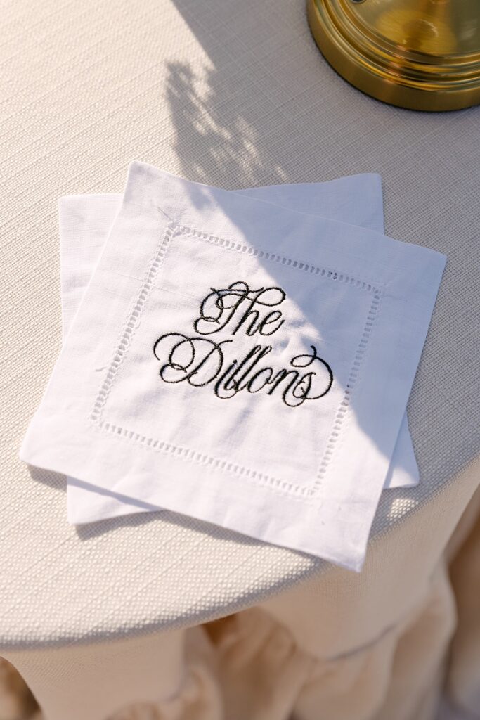 custom embroidered napkins for cocktail hour at alora macedon