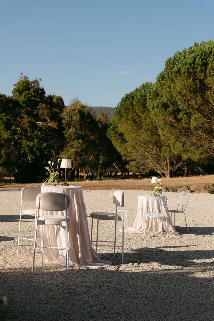 bar tables and stools set up outdoors at alora macedon wedding venue