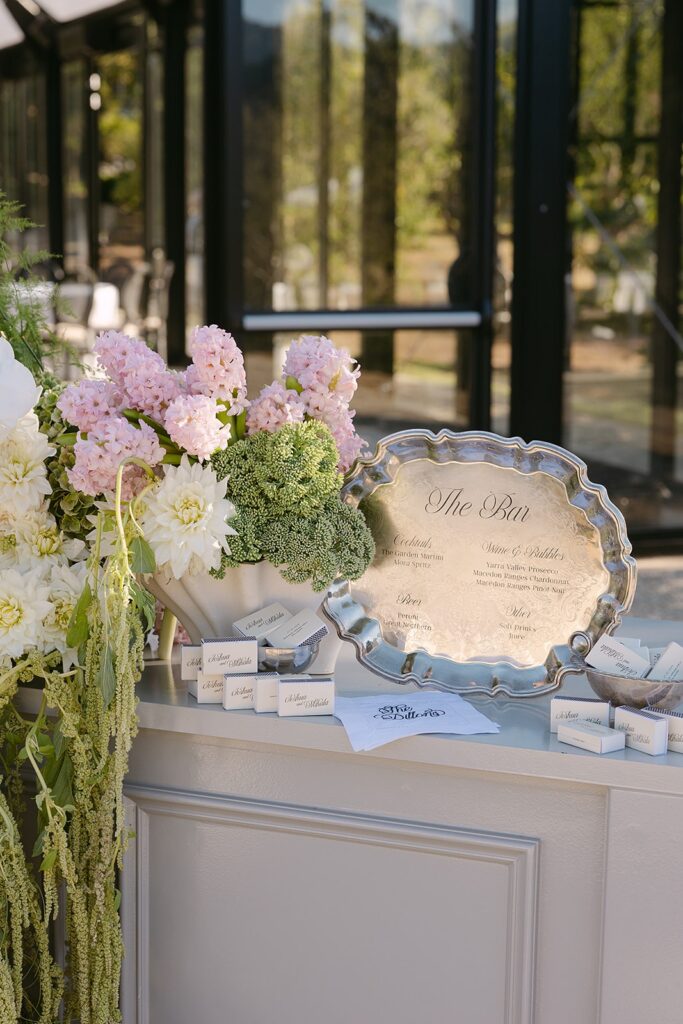 detail shot of bar styling with florals at alora macedon