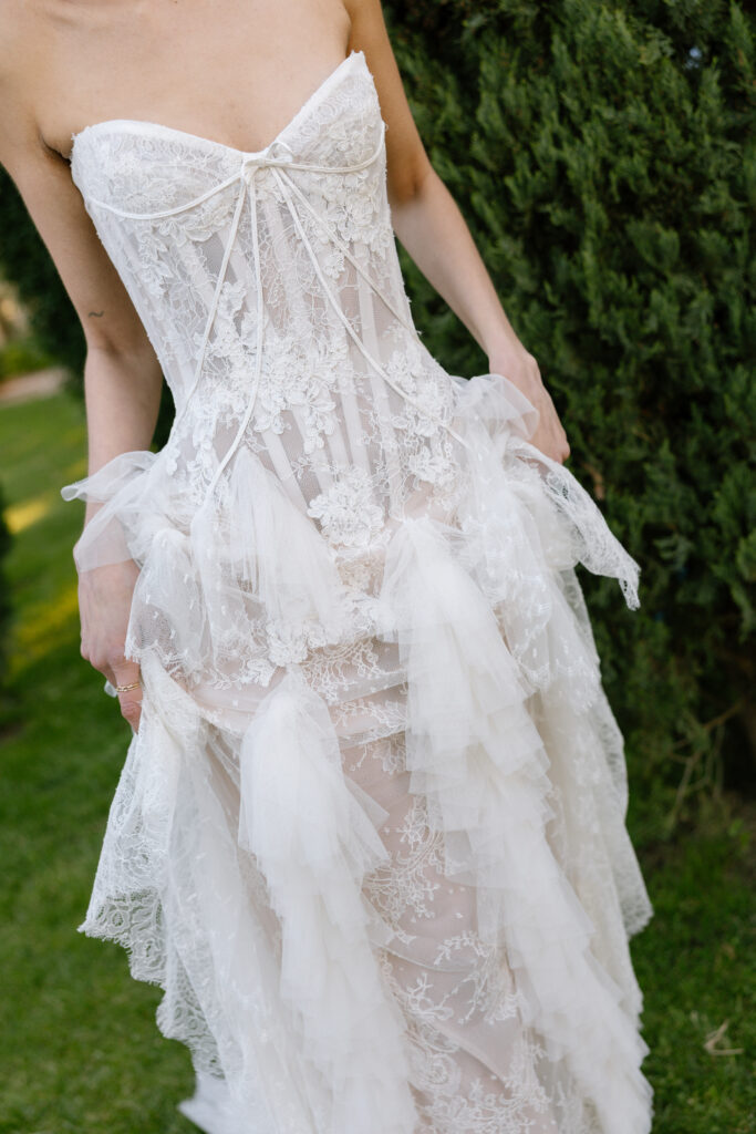 basque waist wedding gown with embellishments