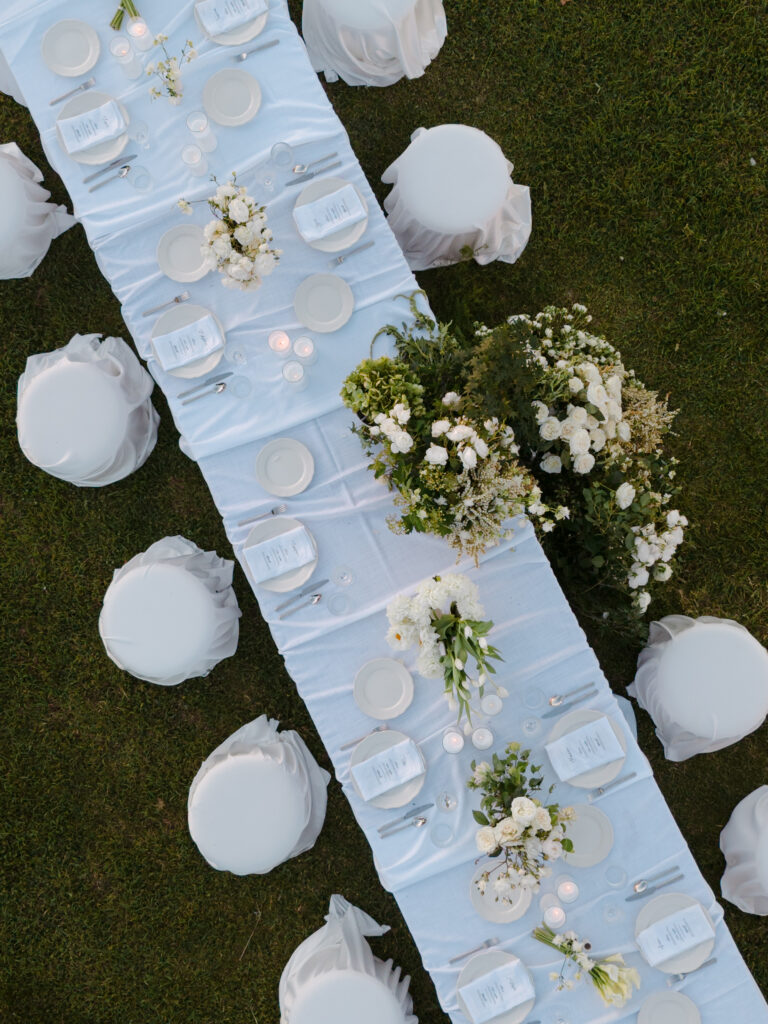drone photography of wedding reception table setup at brolga hill estate in Daylesford