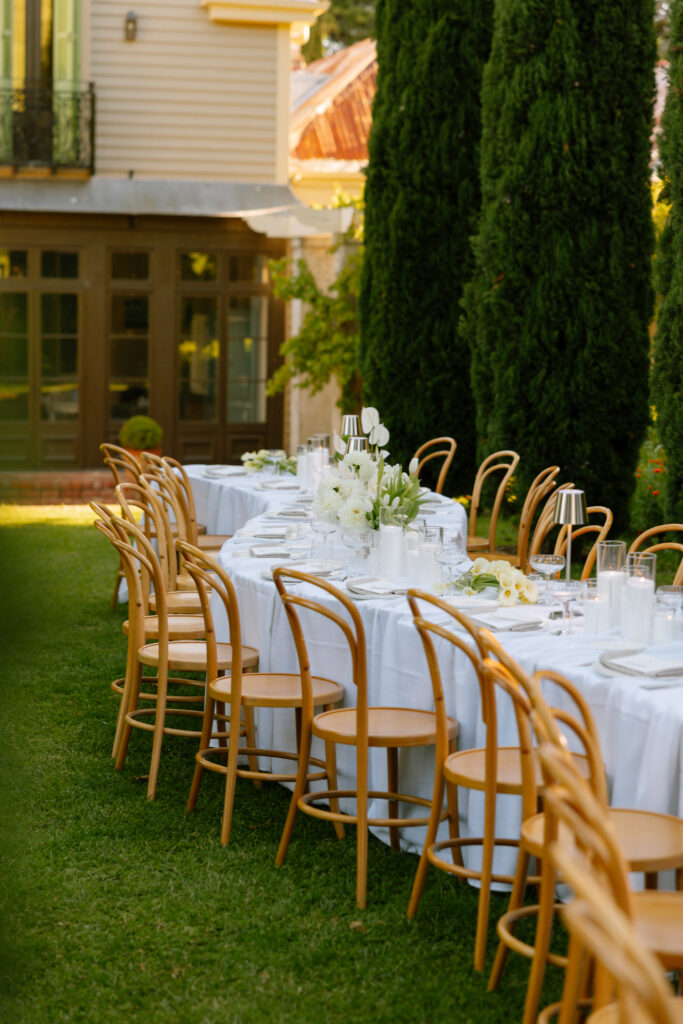 editorial portrait of outdoor garden wedding reception styling at brolga hill estate in Daylesford