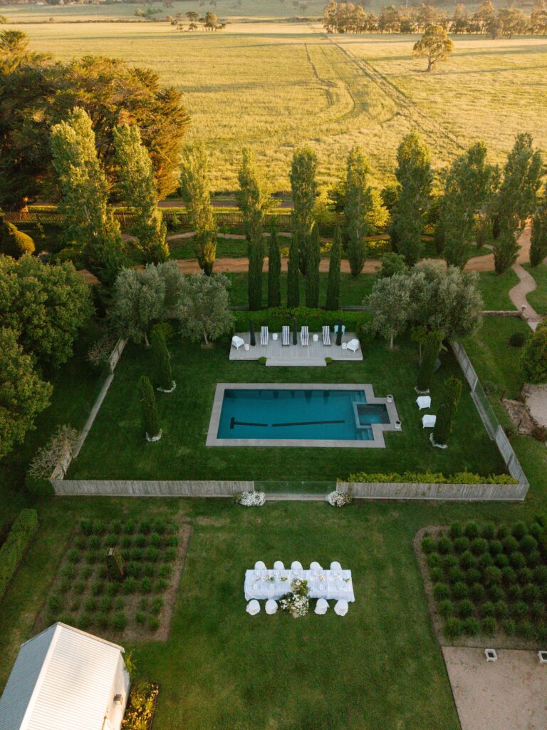 drone photography of wedding day setup at brolga hill estate in Daylesford