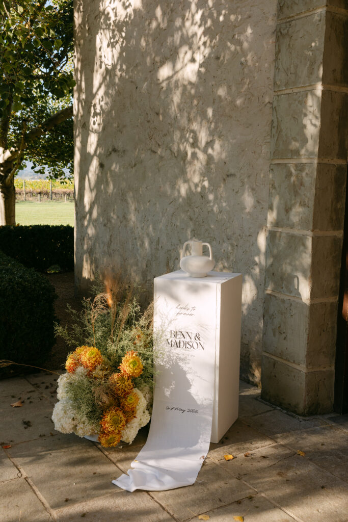 wedding welcome banner at stones of the yarra valley