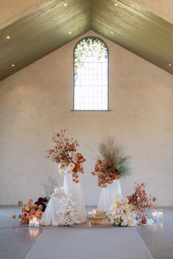 wedding ceremony floral arrangement at stones of the yarra valley