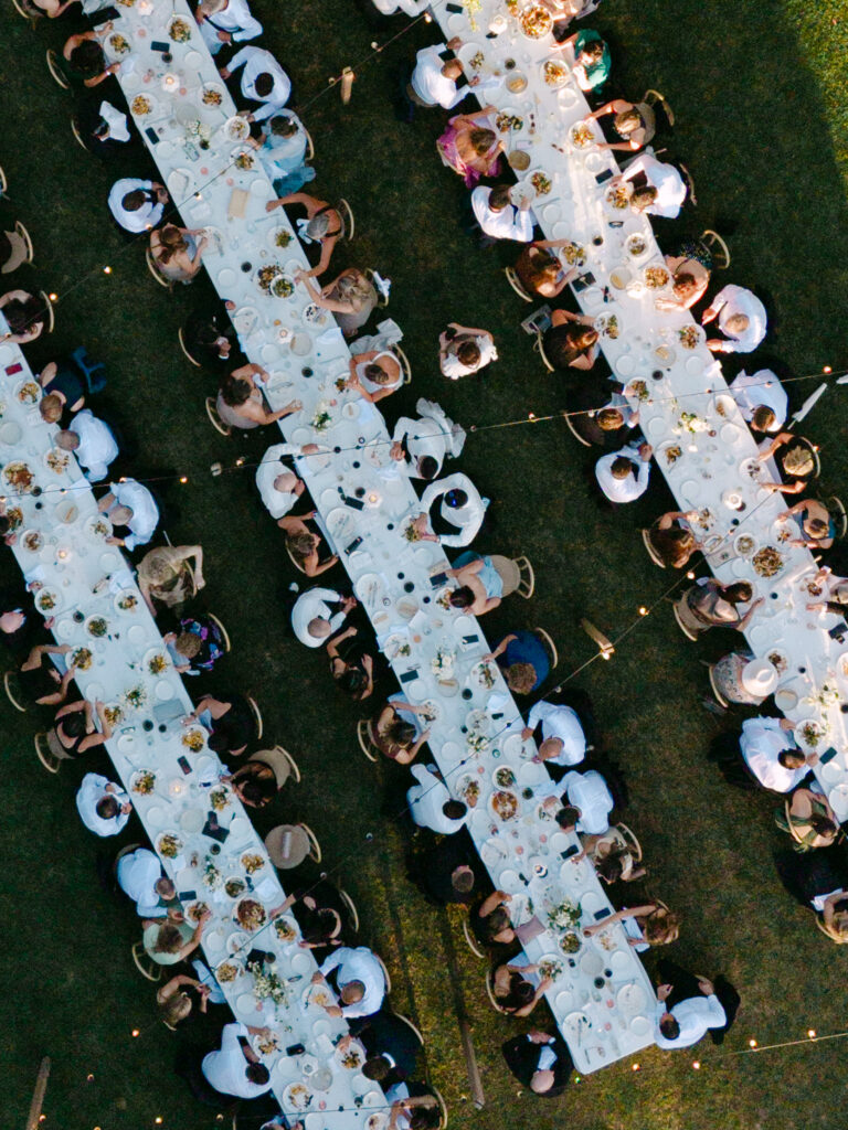drone photograph of guests seated during outdoor wedding reception at woolbrook homestead