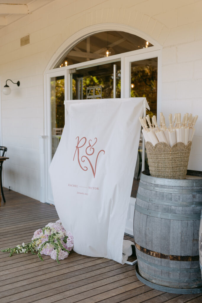 wedding reception welcome banner at the farm yarra valley 