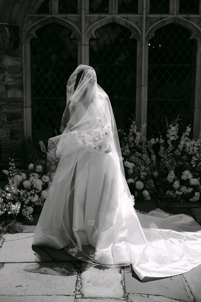 black and white fashion editorial portrait of bride at Montsalvat wedding venue