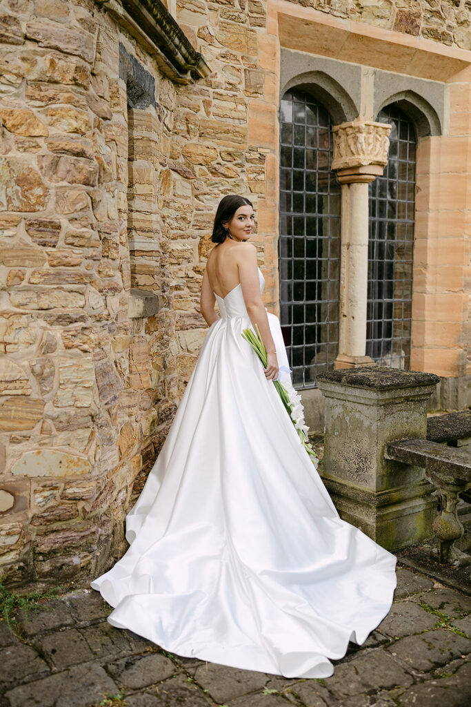 bridal portrait of bride at Montsalvat wedding venue melbourne