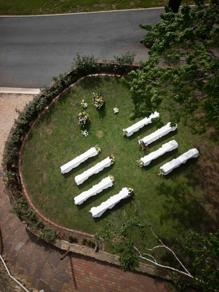 drone portrait of outdoor wedding ceremony setup at Feathertop Winery