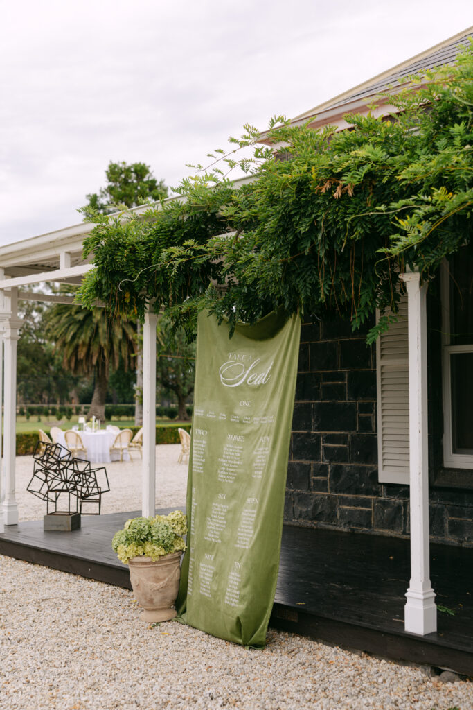 green guest seating chart hung up at Barunah Plains
