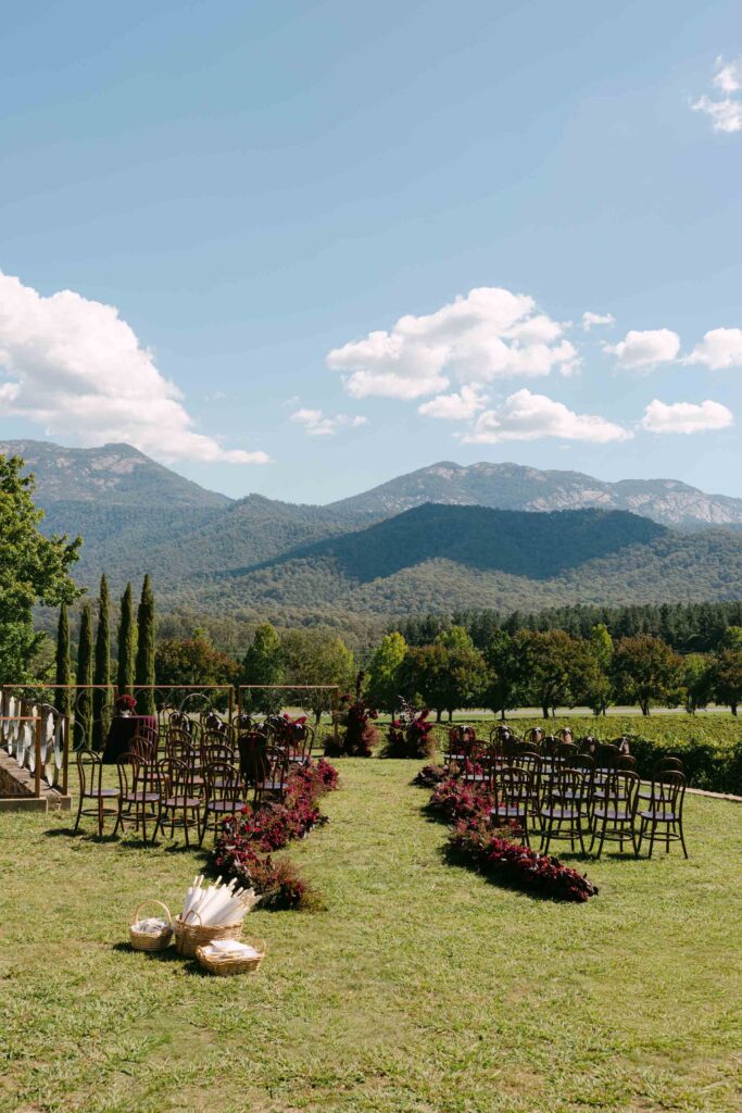 outdoor ceremony setup at Feathertop Winery wedding venue with mountain views